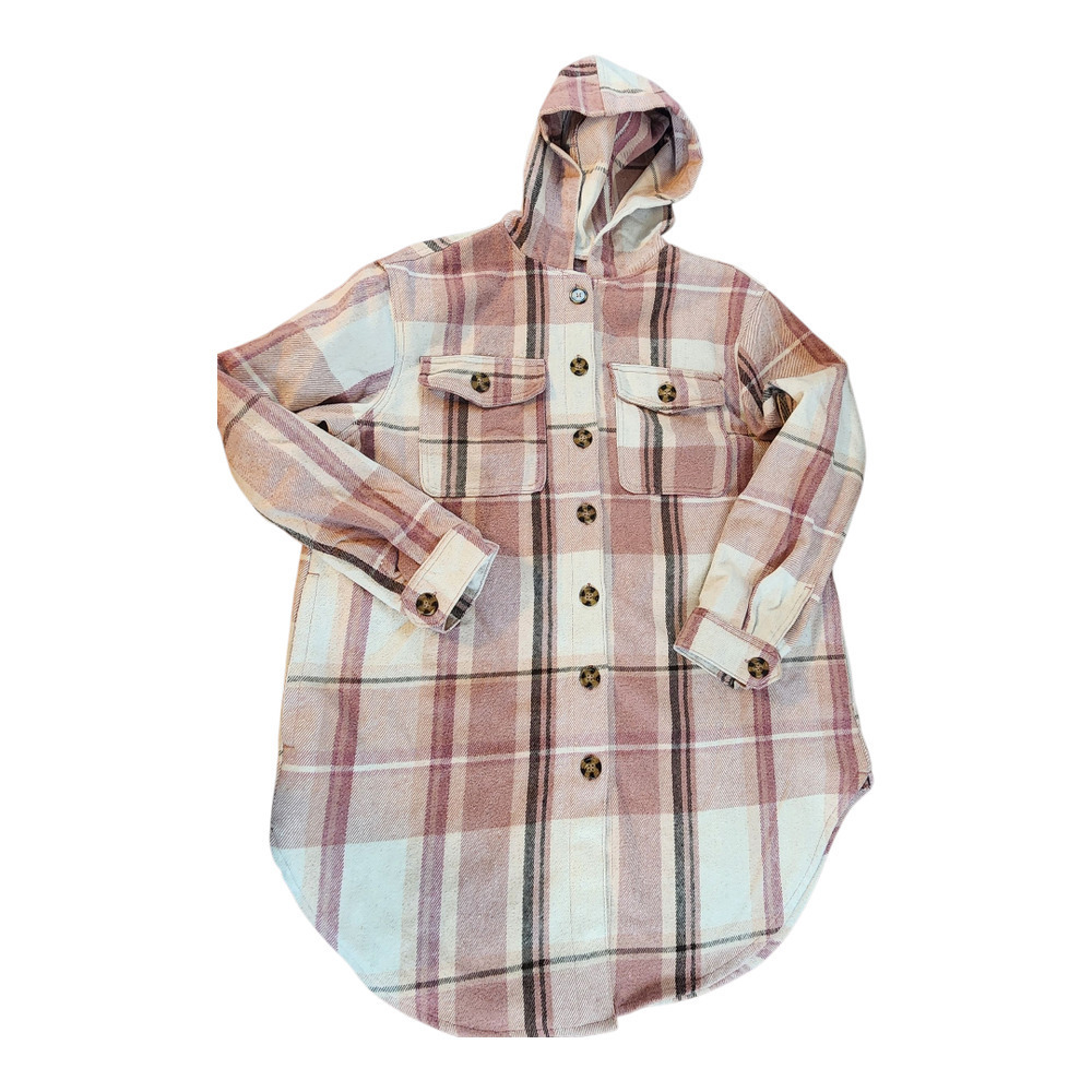 One 5 One 151 sz 1x‎ pink plaid shacket hooded button up heavy pockets tunic